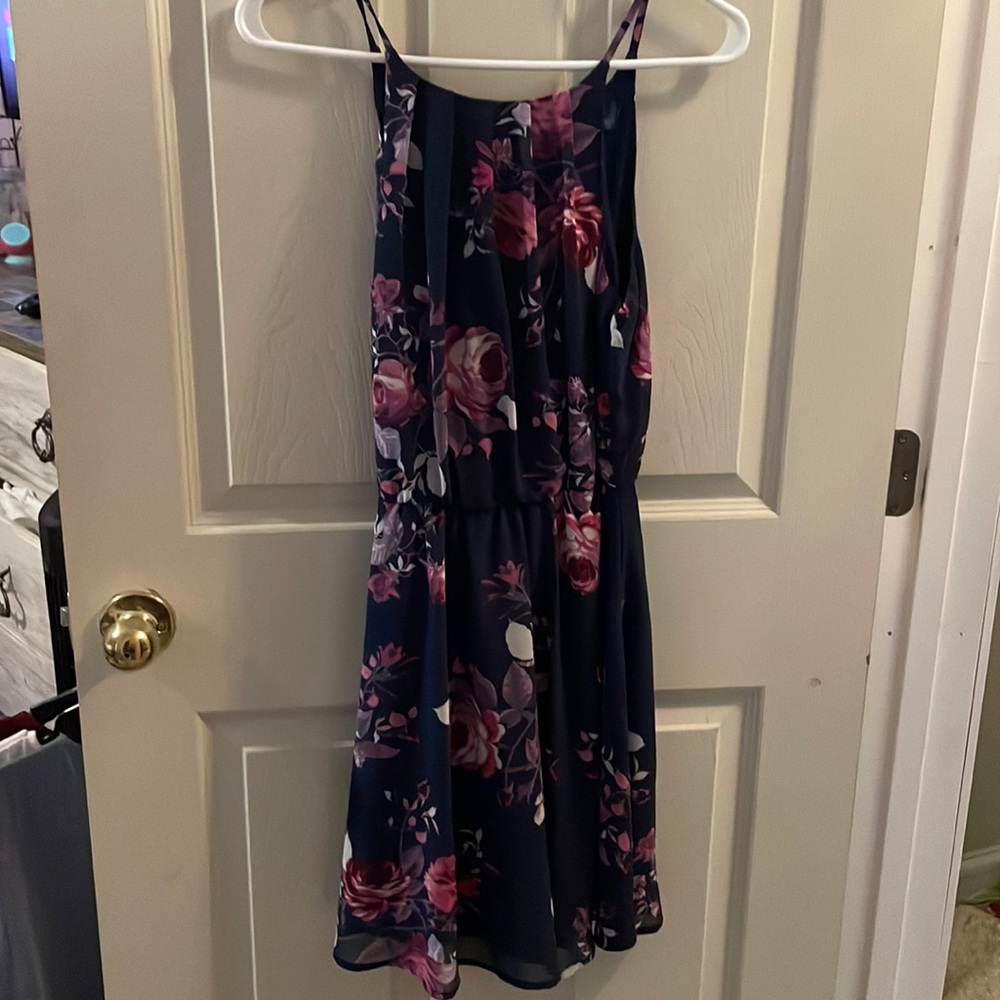 Francesca’s navy dress with pink flowers